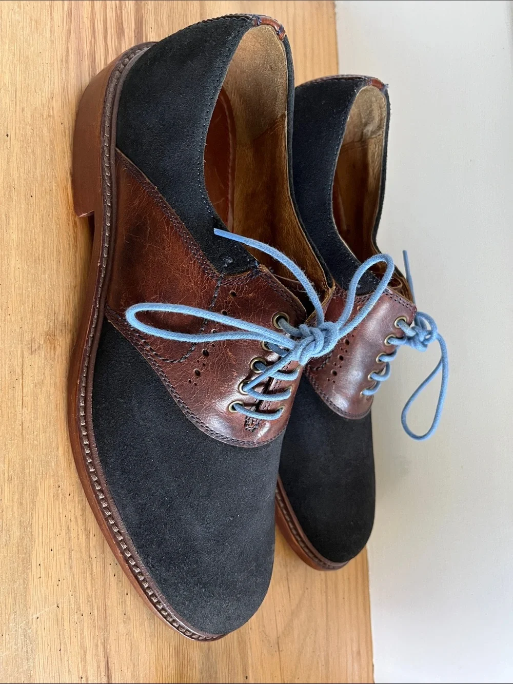 Trask Black Suede and Brown Leather Derby Shoes with Light Blue Laces